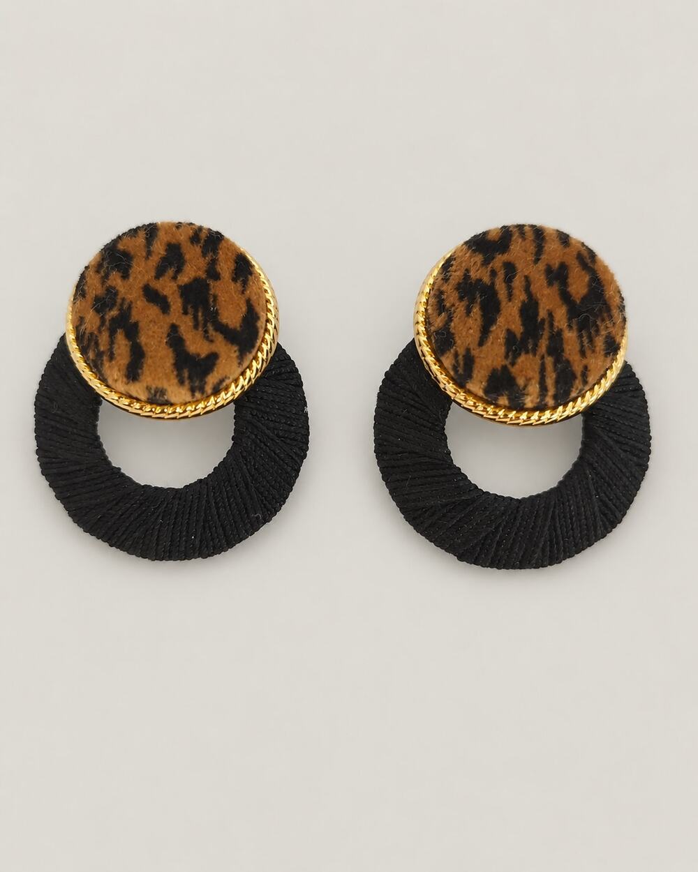 Vintage 1980s Leopard print Door Knocker Earrings Black Gold Statement